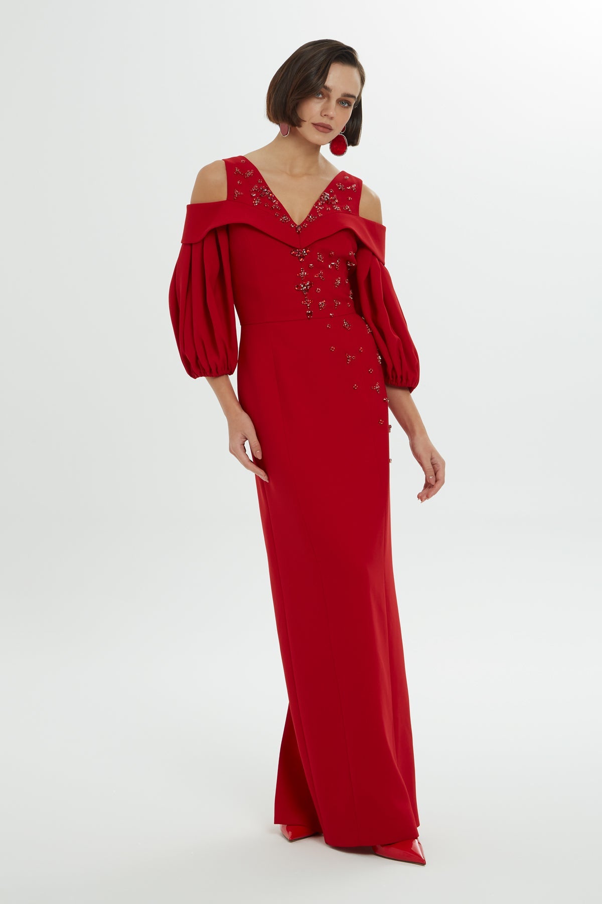 Red Long Dress with Balloon Sleeves