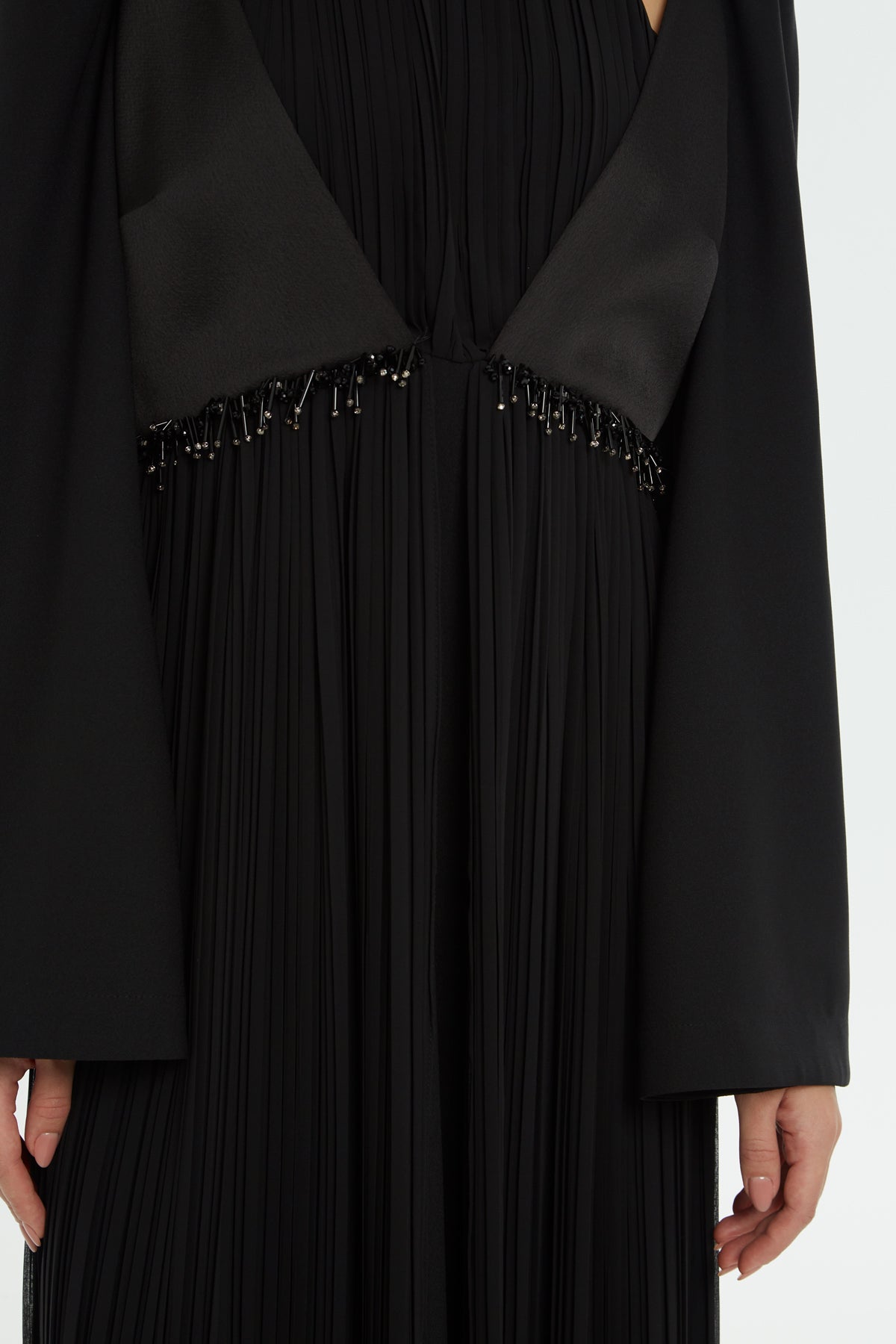 Black Beaded Pleated Long Dress