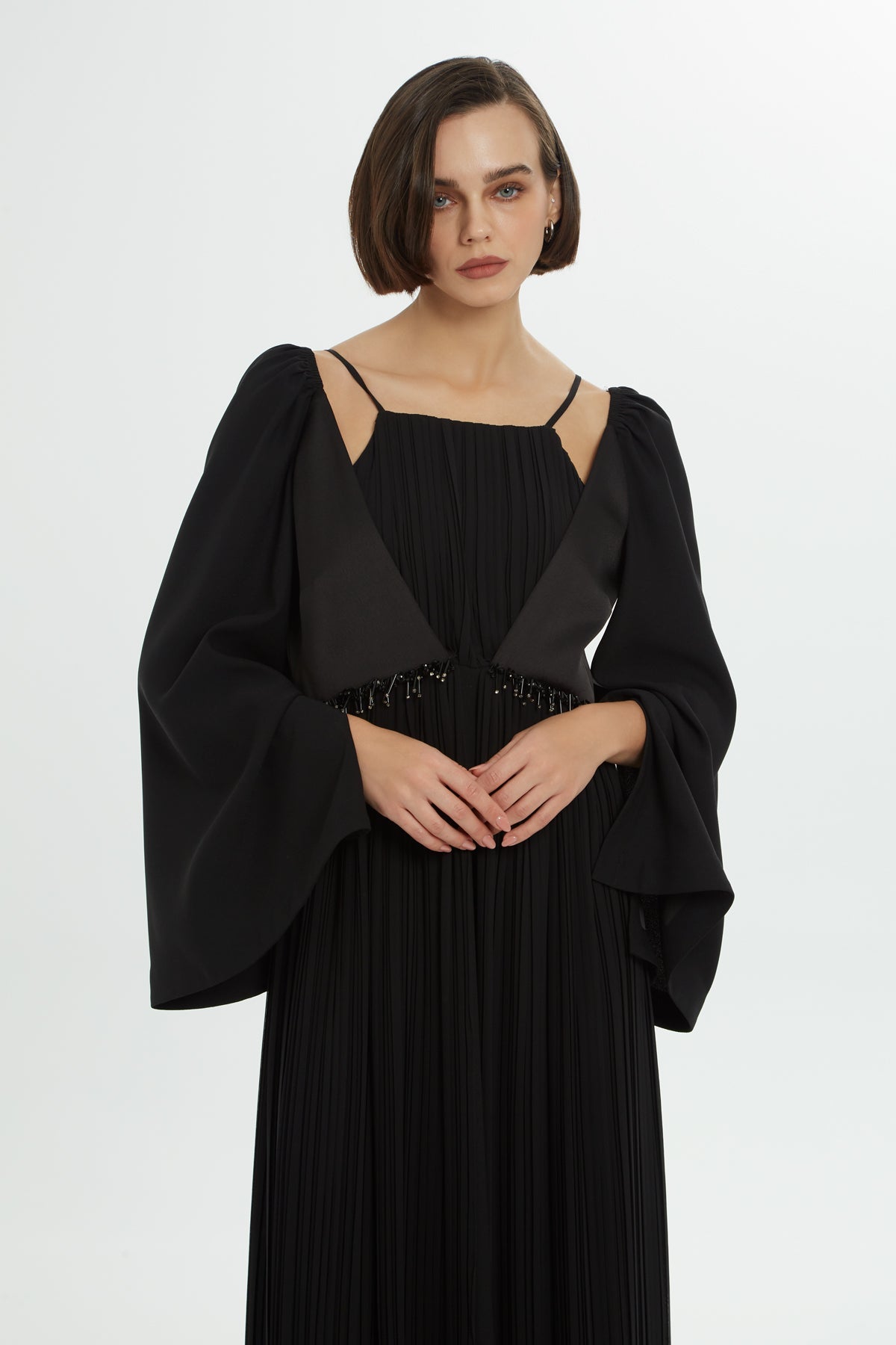 Black Beaded Pleated Long Dress