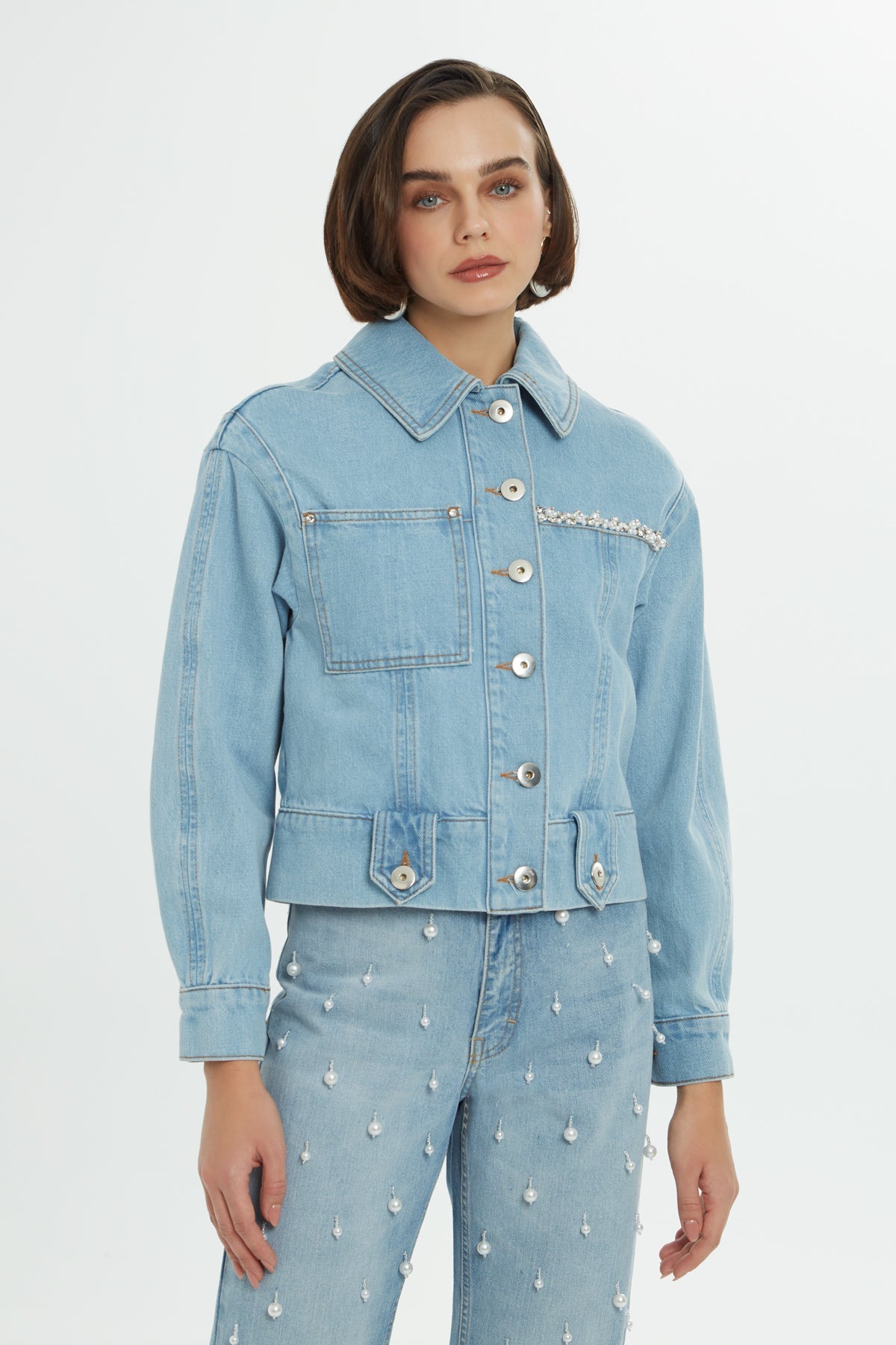 Navy Cutout Stone-Detail Denim Jacket