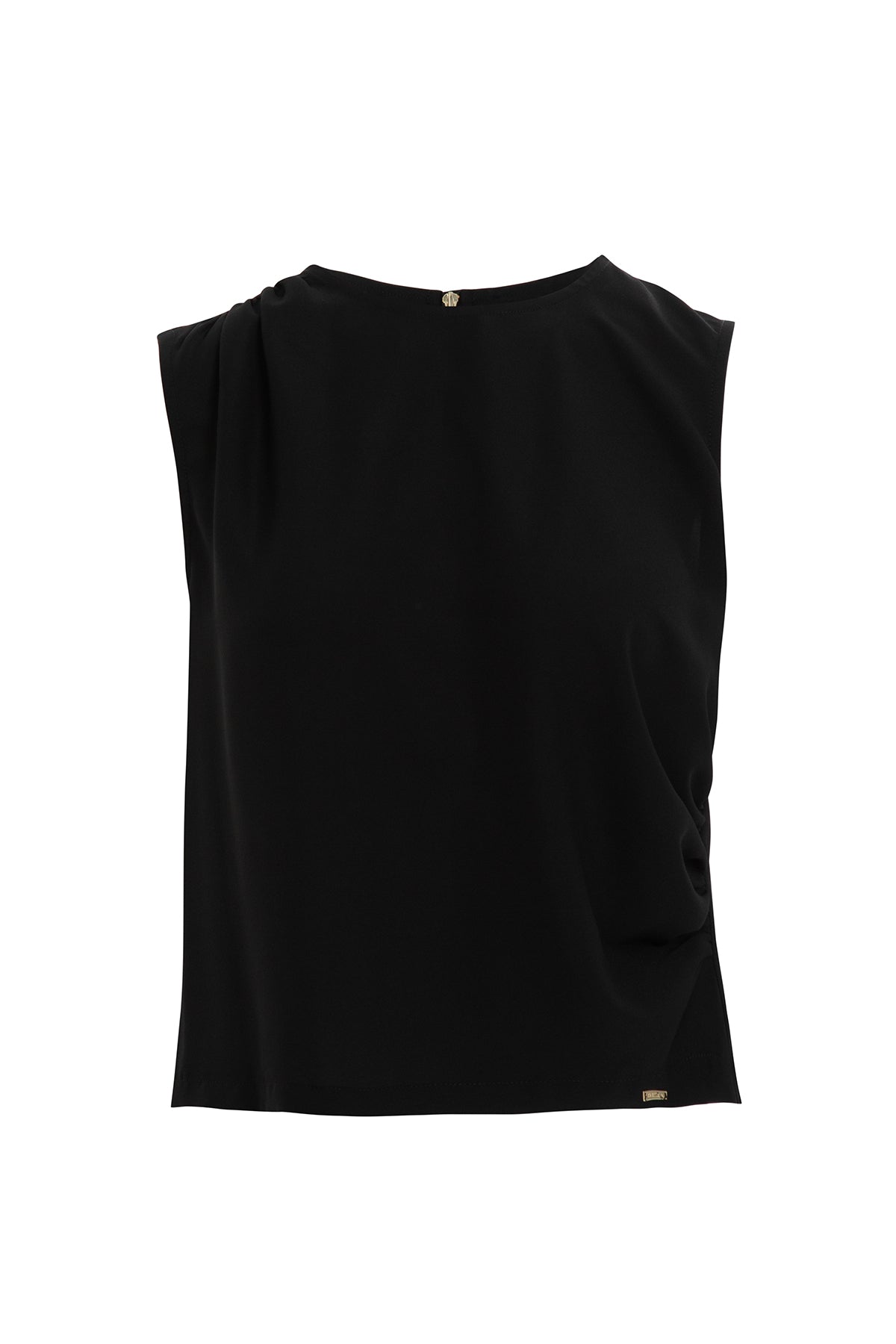 Black Short-Sleeve Zip-Back Draped Blouse