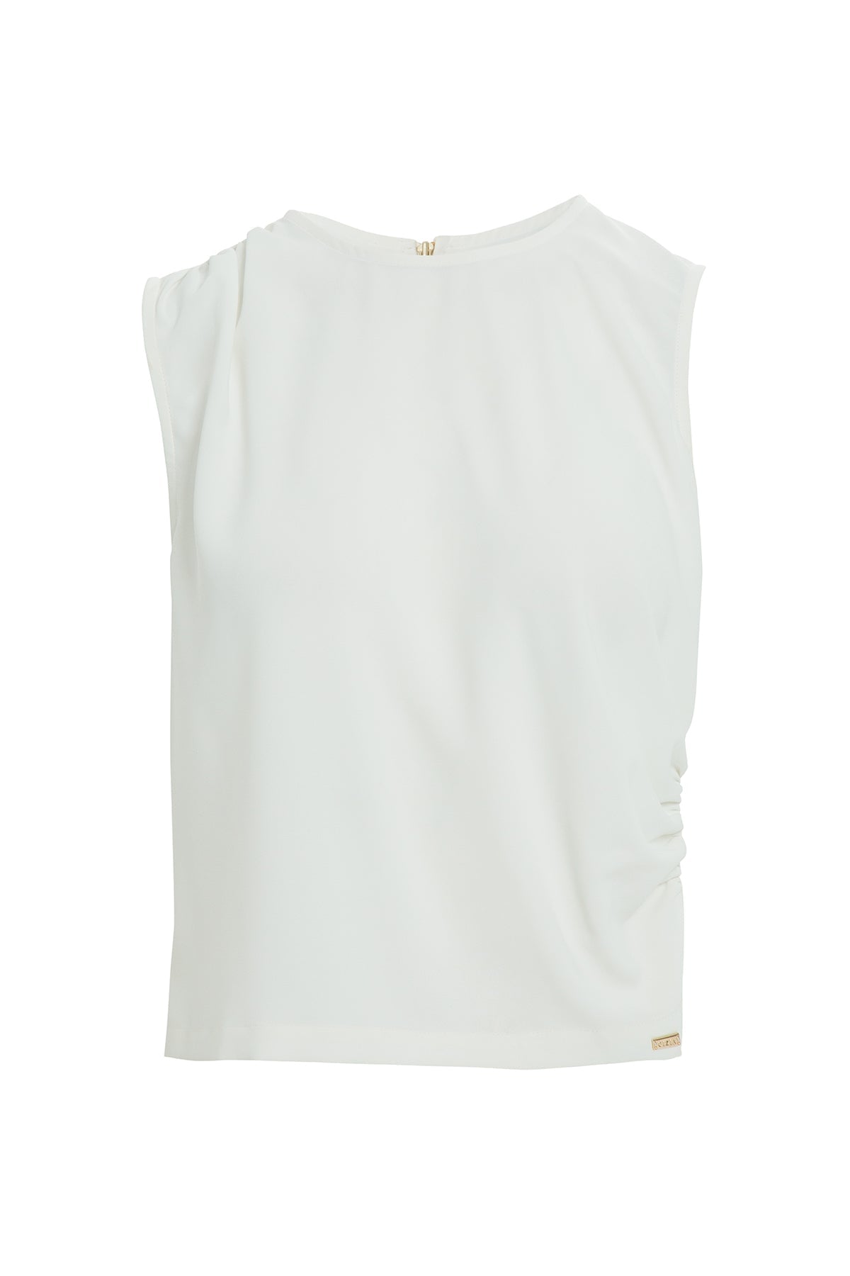 White Short-Sleeve Zip-Back Draped Blouse