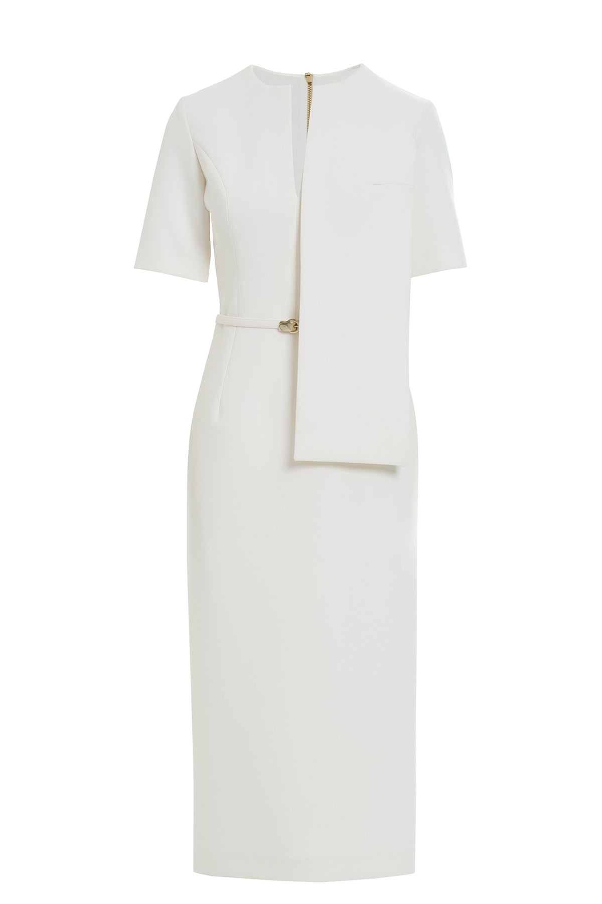 Ecru Short-Sleeve Belted Midi Dress