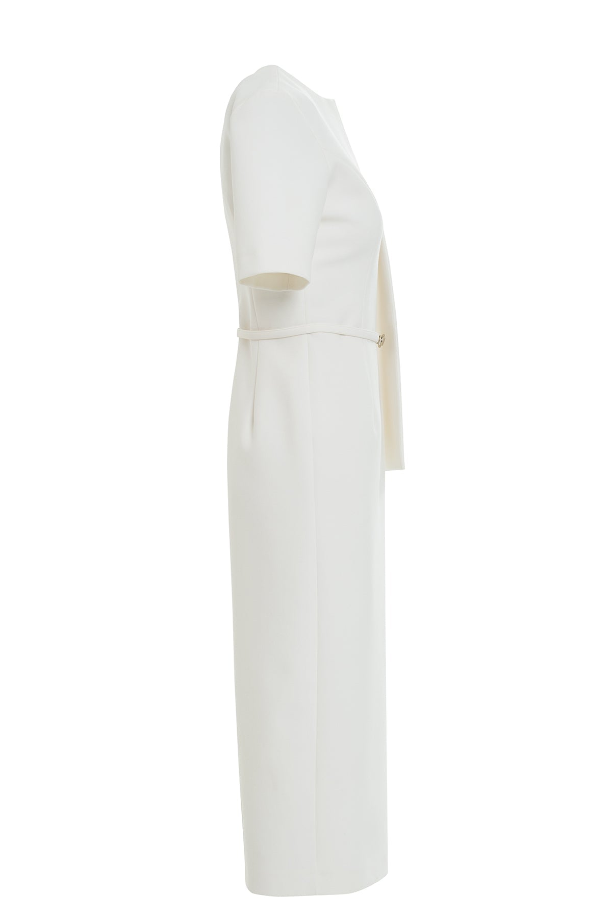 Ecru Short-Sleeve Belted Midi Dress