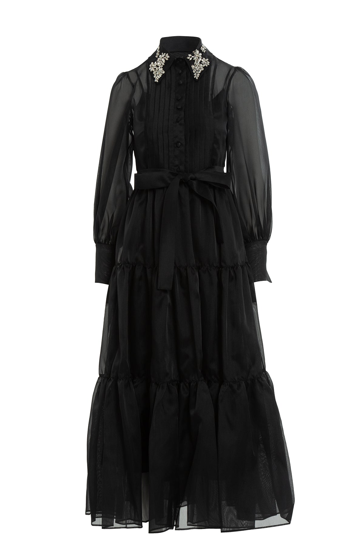 Black Embroidered-Collar Button-Front Midi Dress