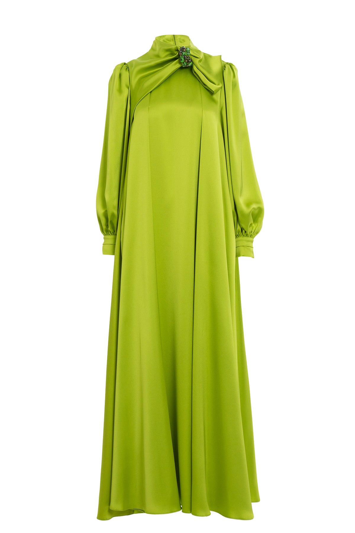 Green Embroidered-Collar Bow-Detail Maxi Dress