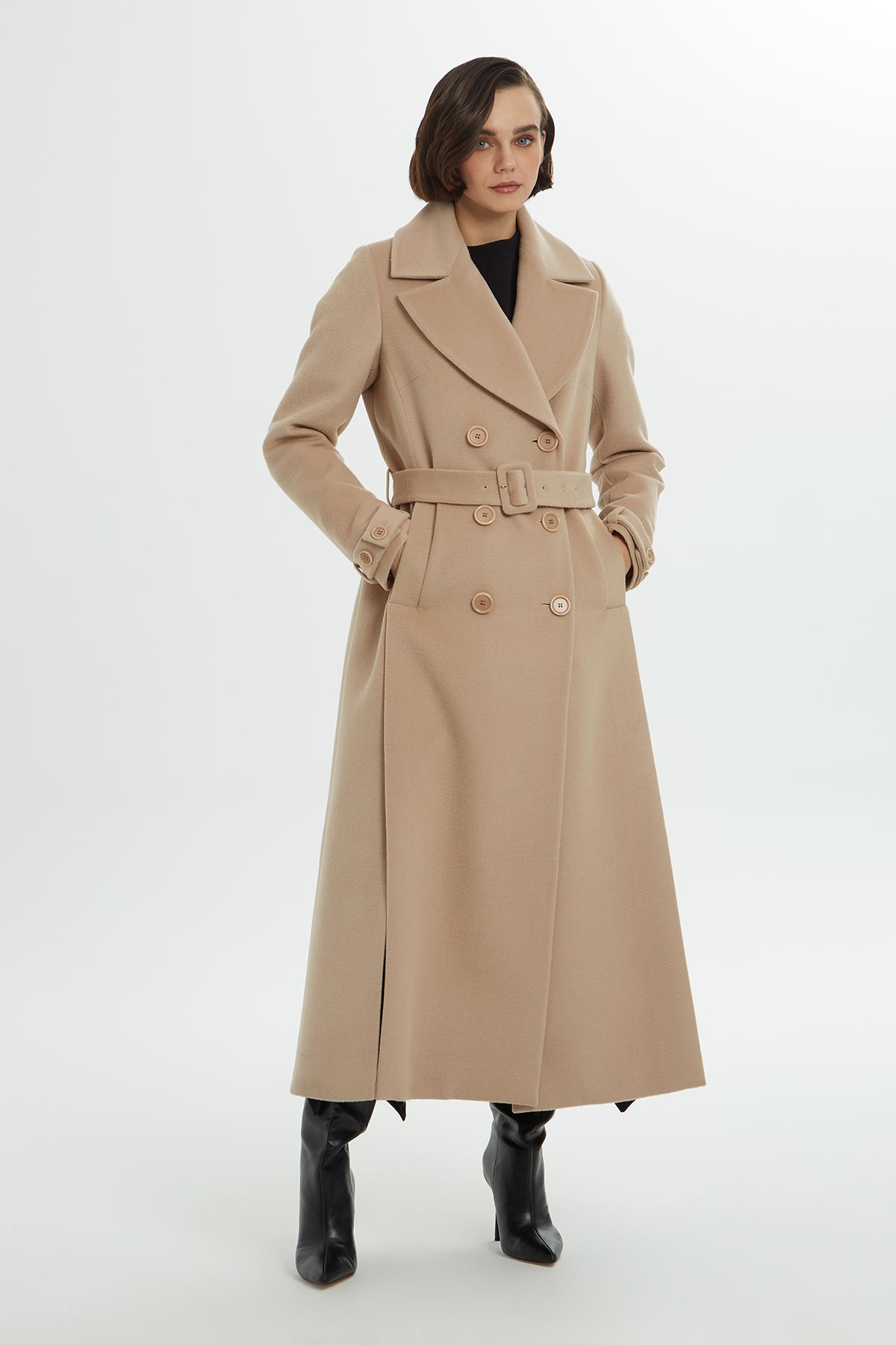 Shawl-Collar Long Cashmere Coat