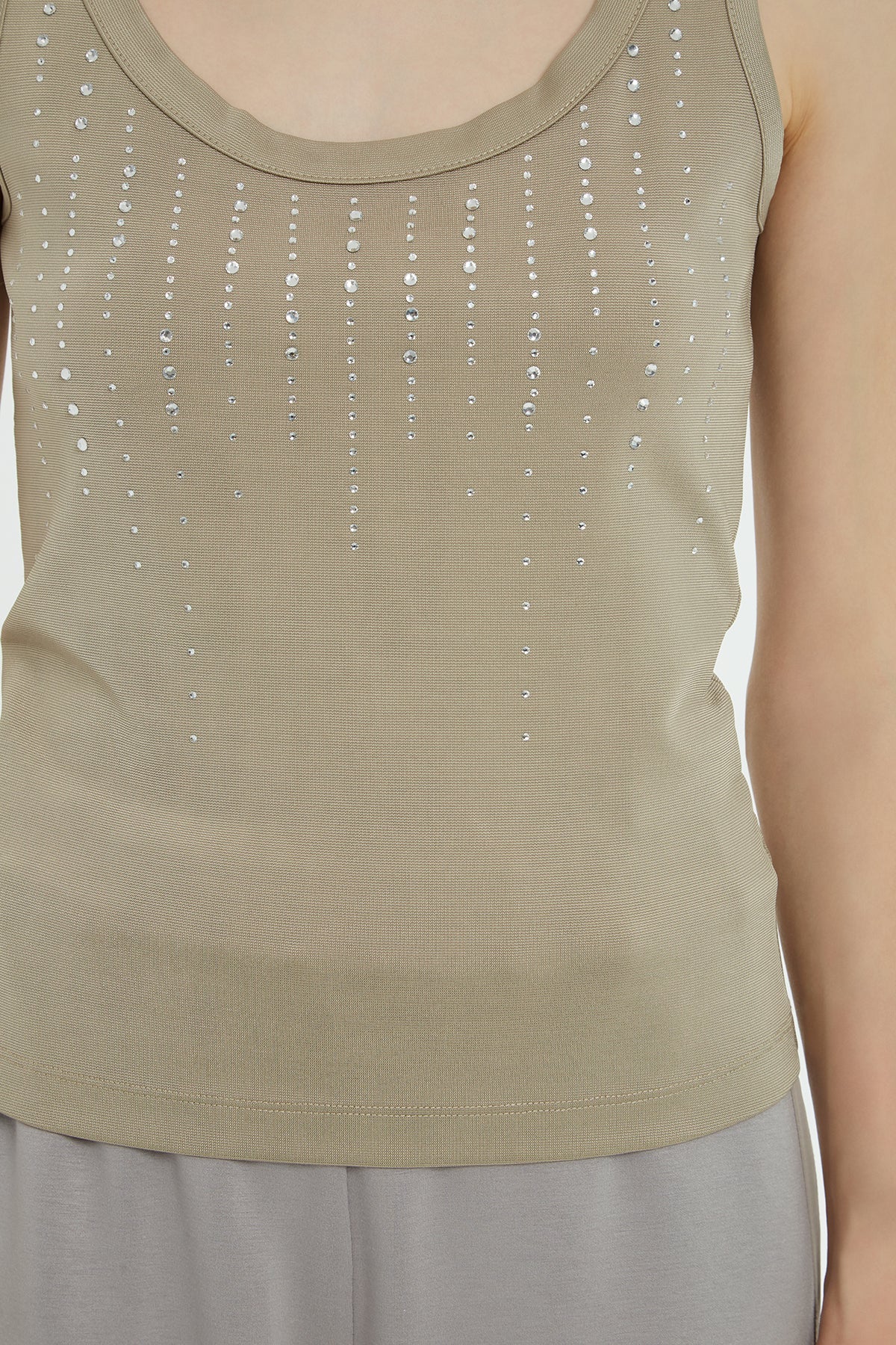 Beige Round-Neck Printed Strappy Tank