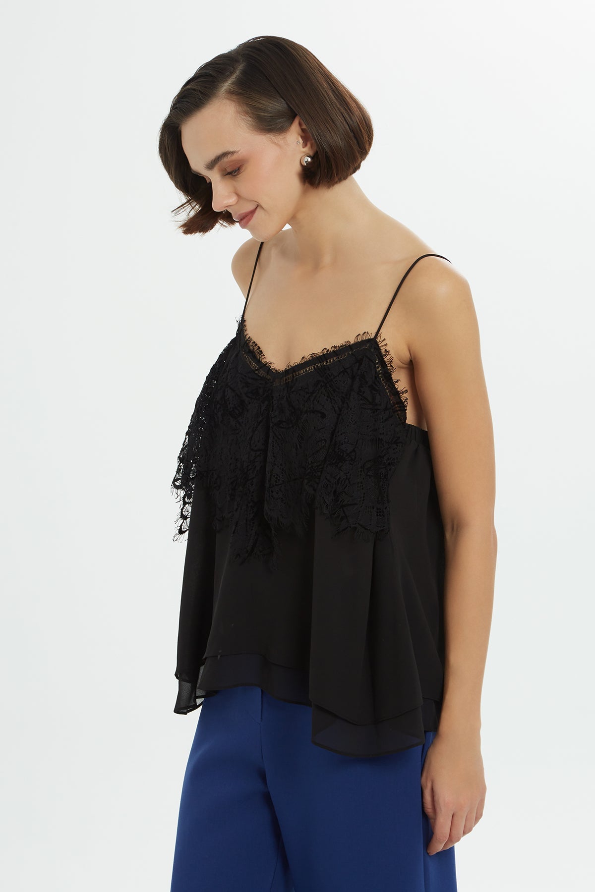 Black Lace-Front Strappy Blouse