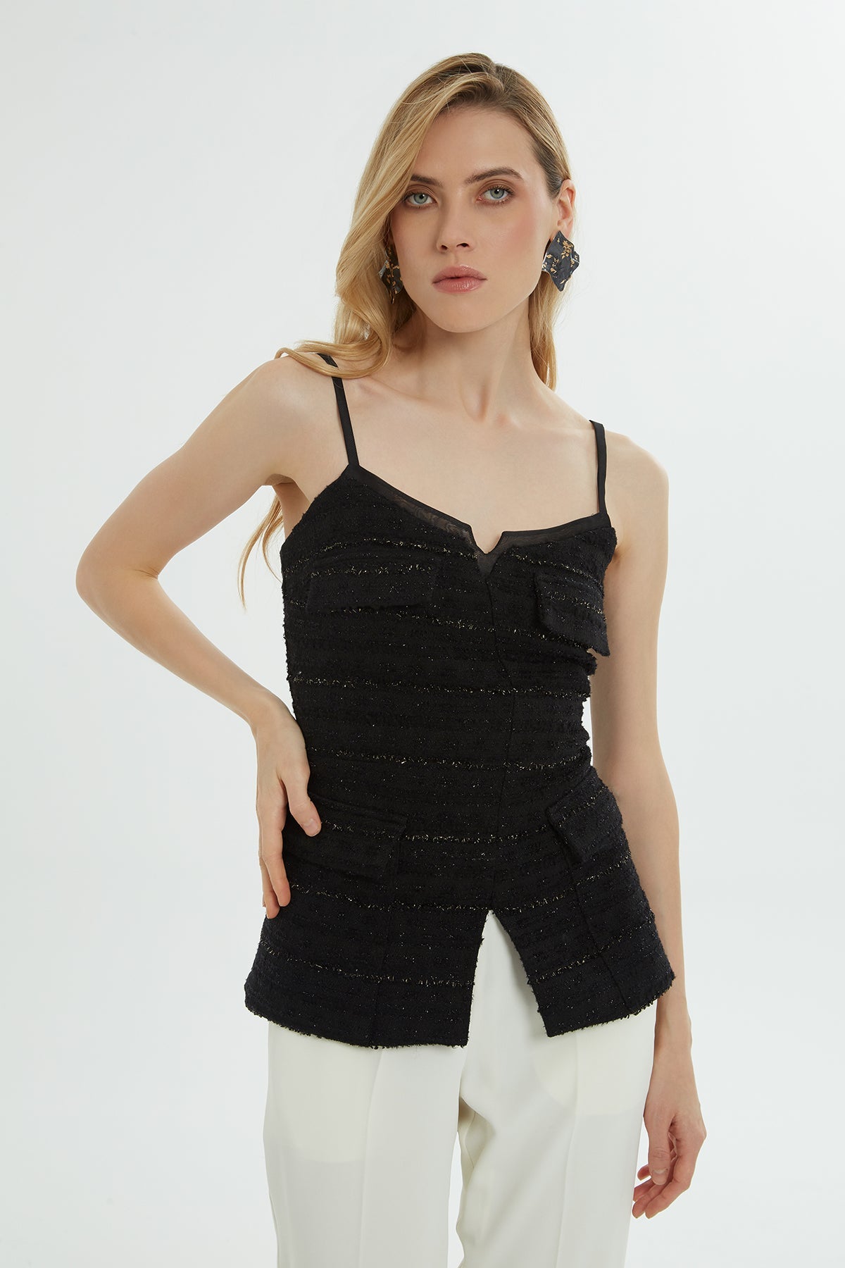 Black Strappy Pocket Blouse