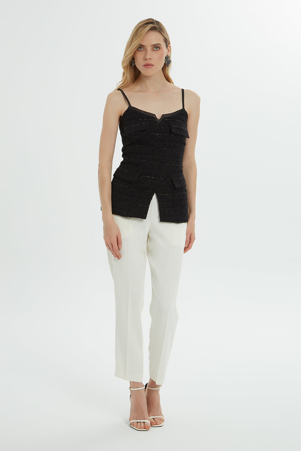 Black Strappy Pocket Blouse