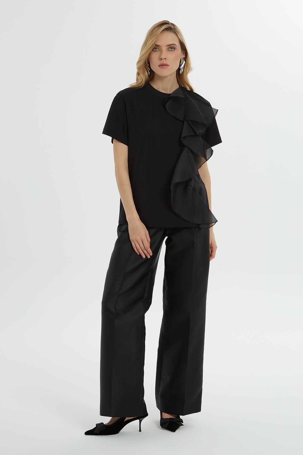 Black Asymmetric Ruffle Top