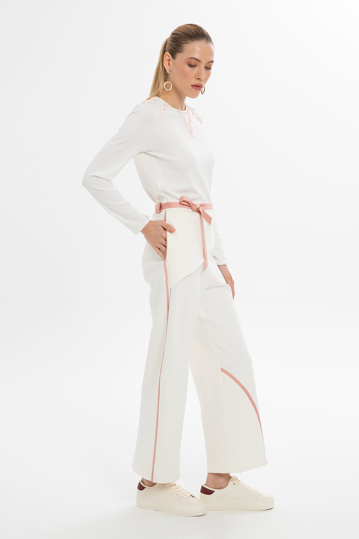 Ecru Asymmetric-Detail Trousers