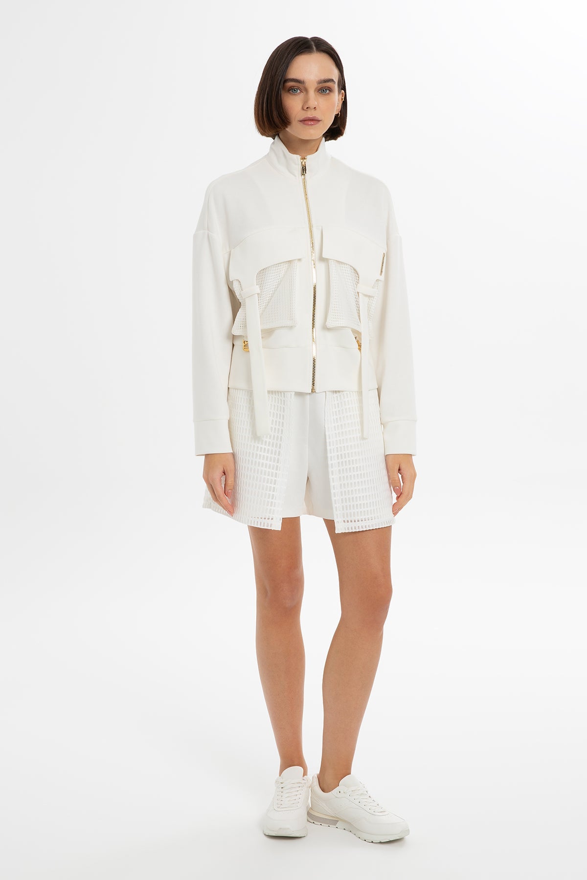 Ecru Mesh-Detail Cropped Sweatshirt