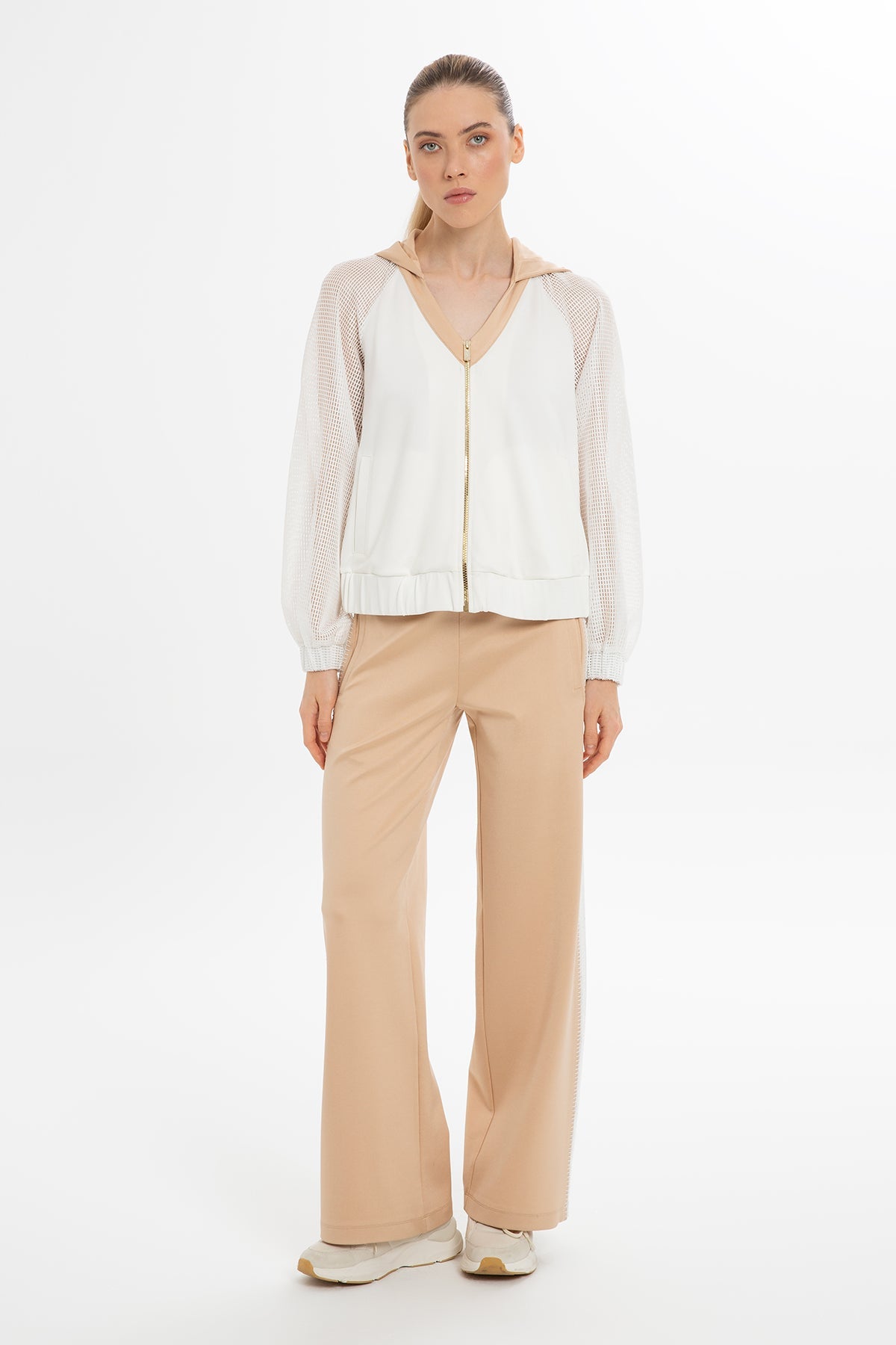 Ecru Mesh-Sleeve Sweatshirt