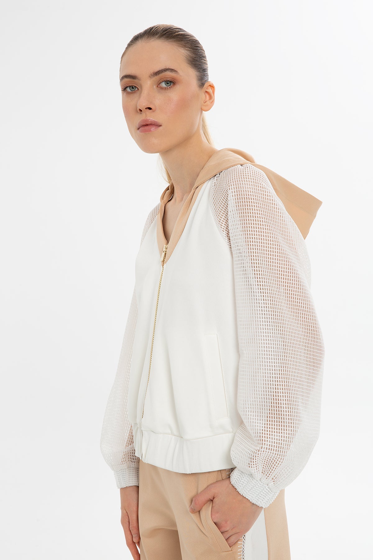 Ecru Mesh-Sleeve Sweatshirt