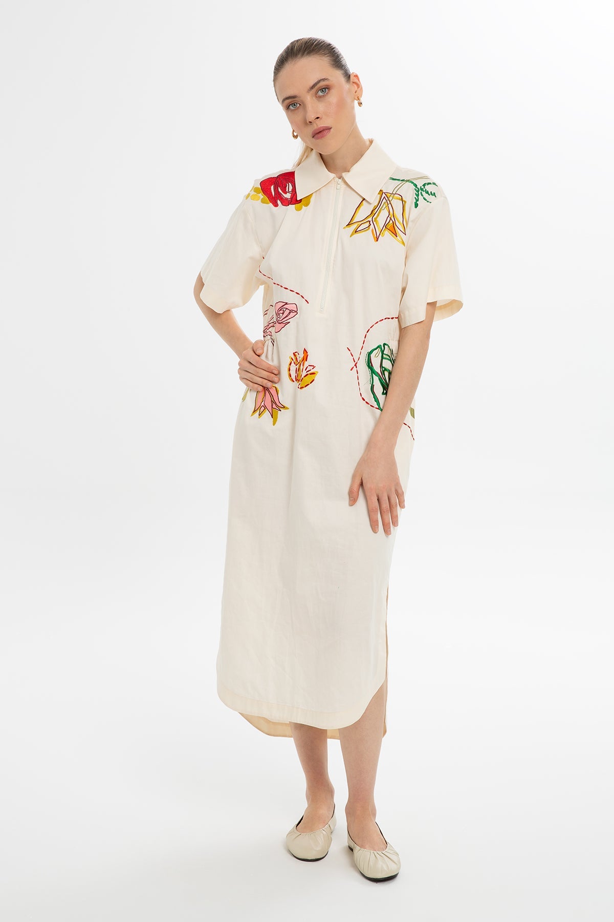 Ecru Short-Sleeve Embroidered Dress