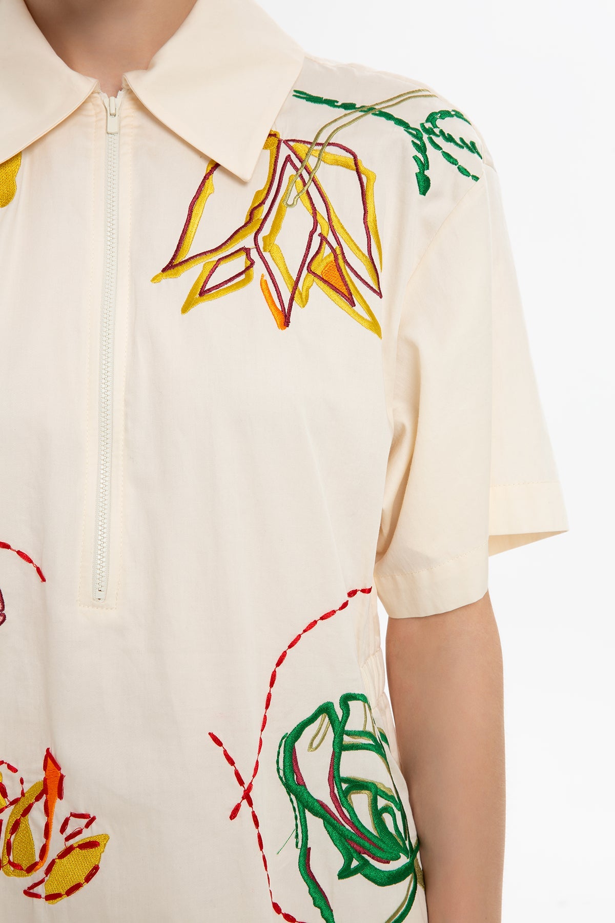 Ecru Short-Sleeve Embroidered Dress