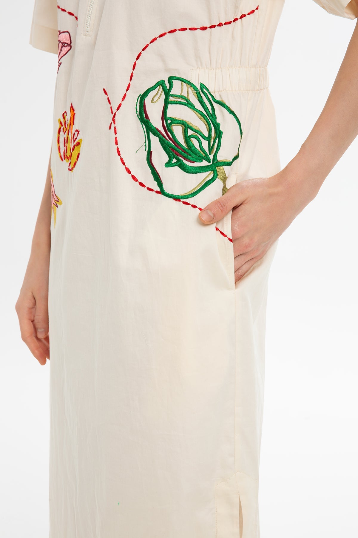 Ecru Short-Sleeve Embroidered Dress