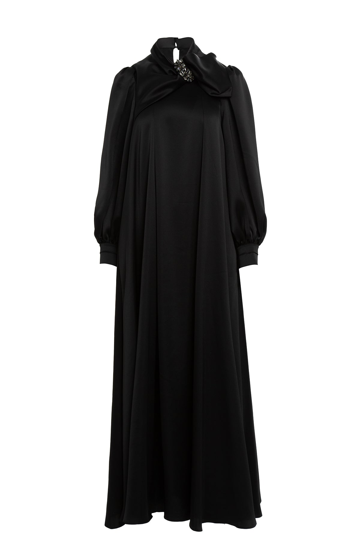 Black Embroidered-Collar Bow-Detail Maxi Dress