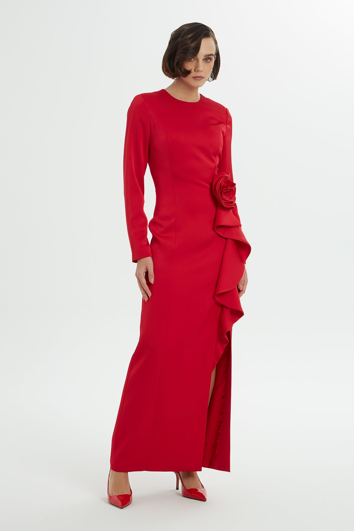 Red Long Dress with Rose Detail