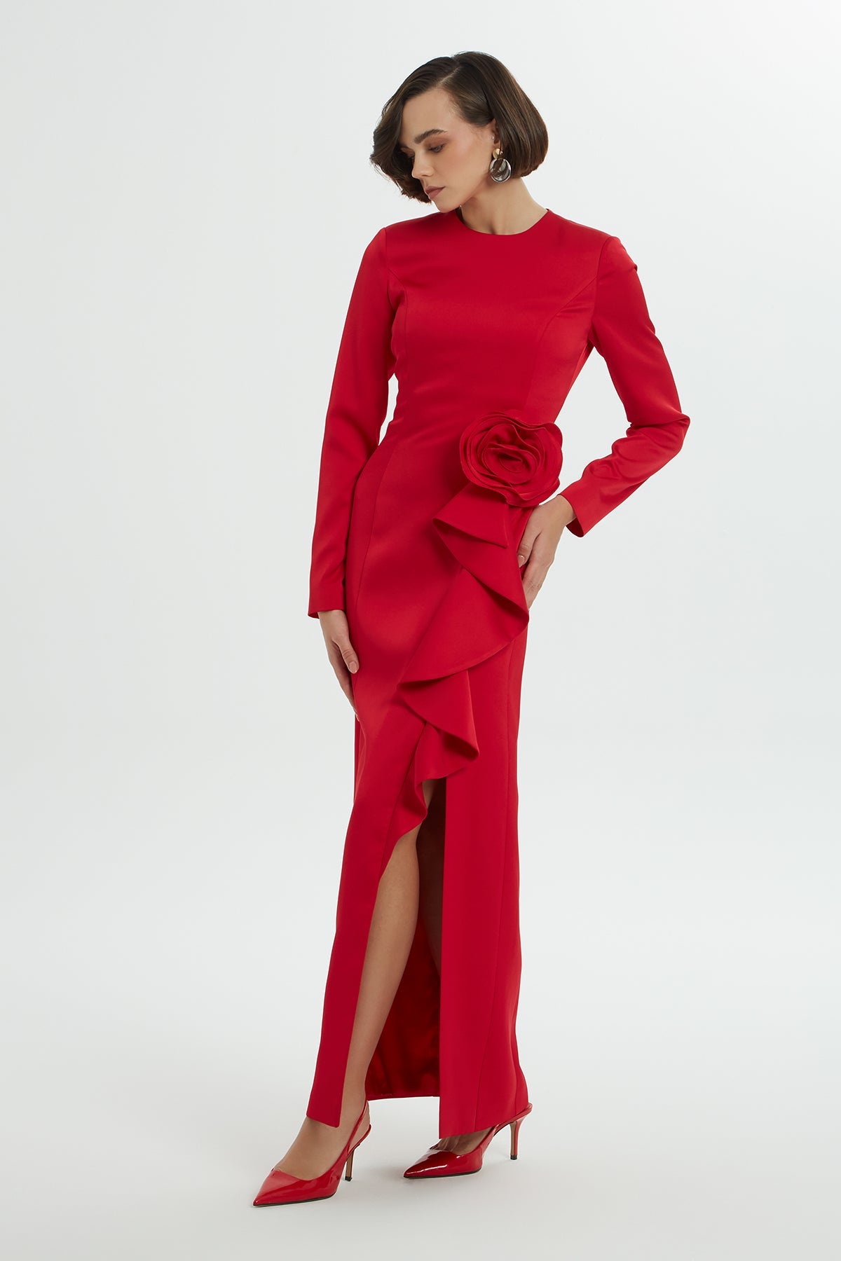 Red Long Dress with Rose Detail