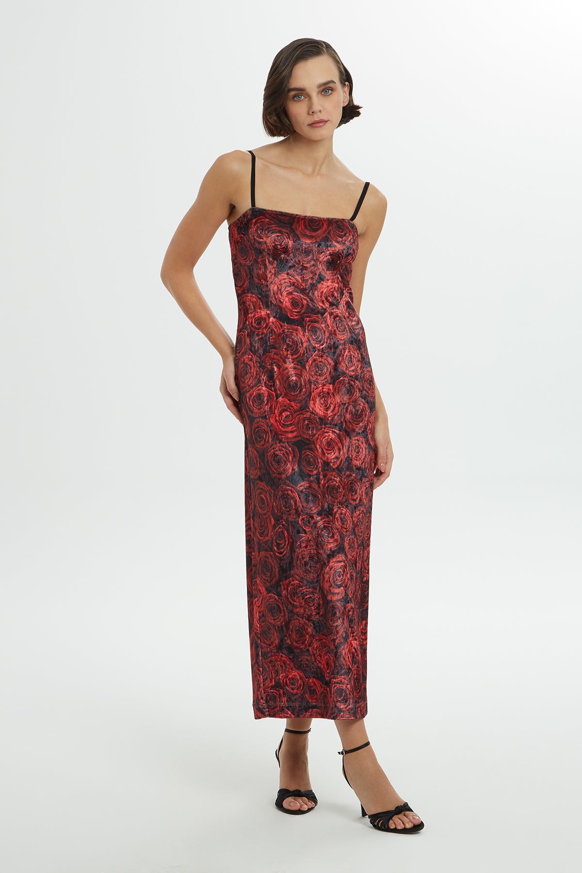 Printed Strappy Velvet Long Dress