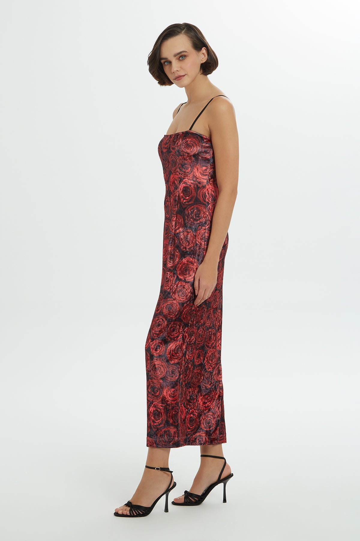 Printed Strappy Velvet Long Dress
