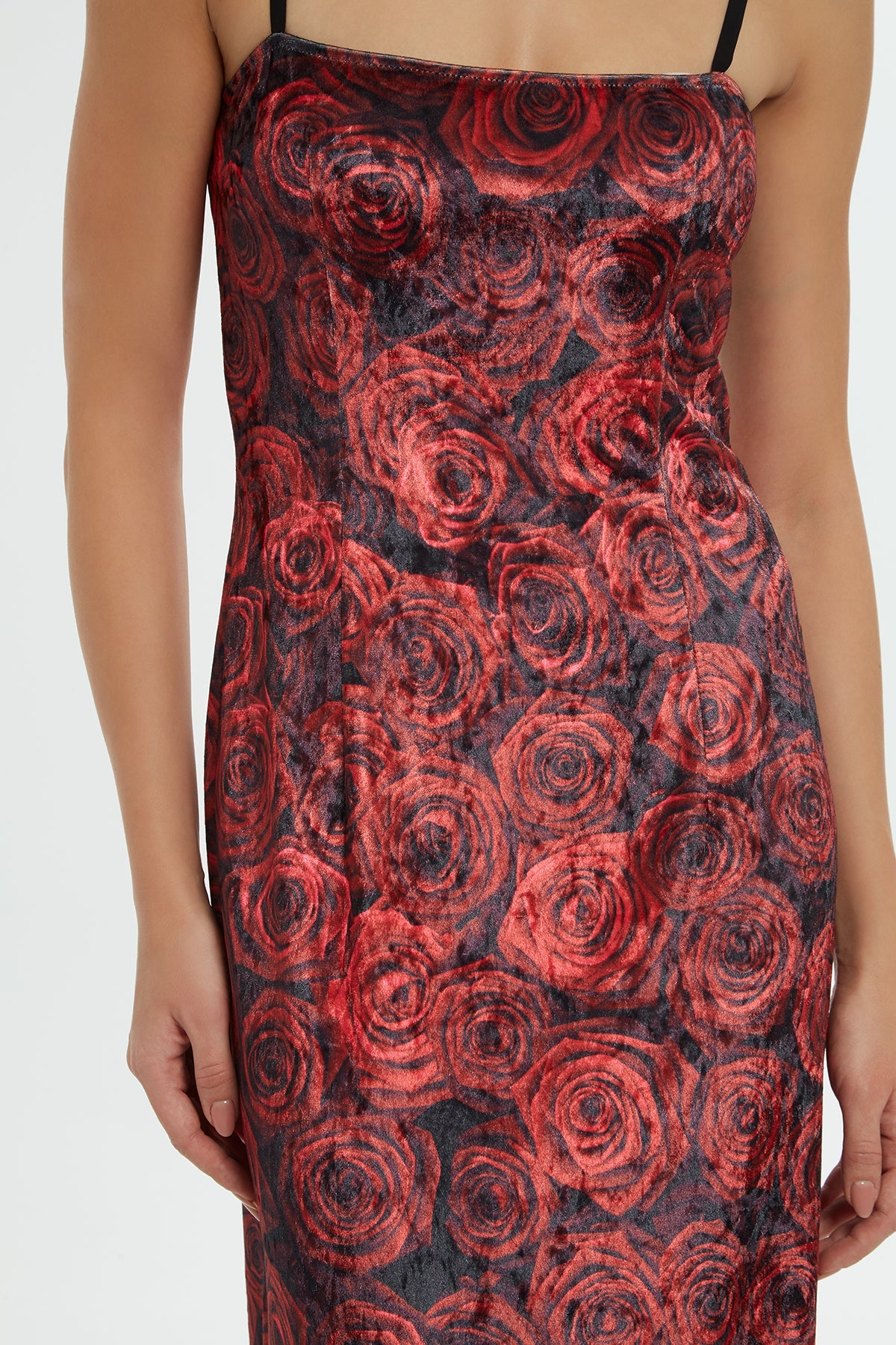 Printed Strappy Velvet Long Dress