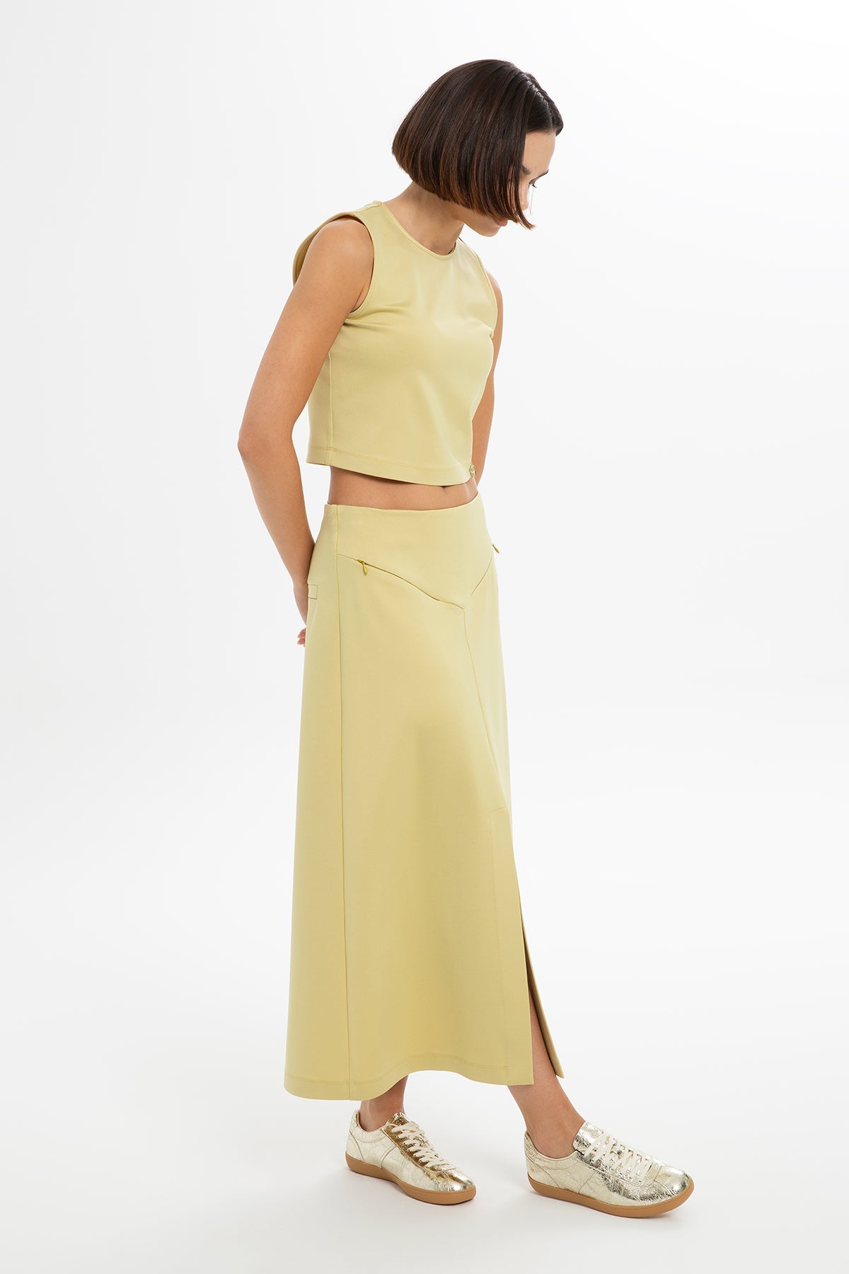 Yellow Slit-Detail Midi Skirt