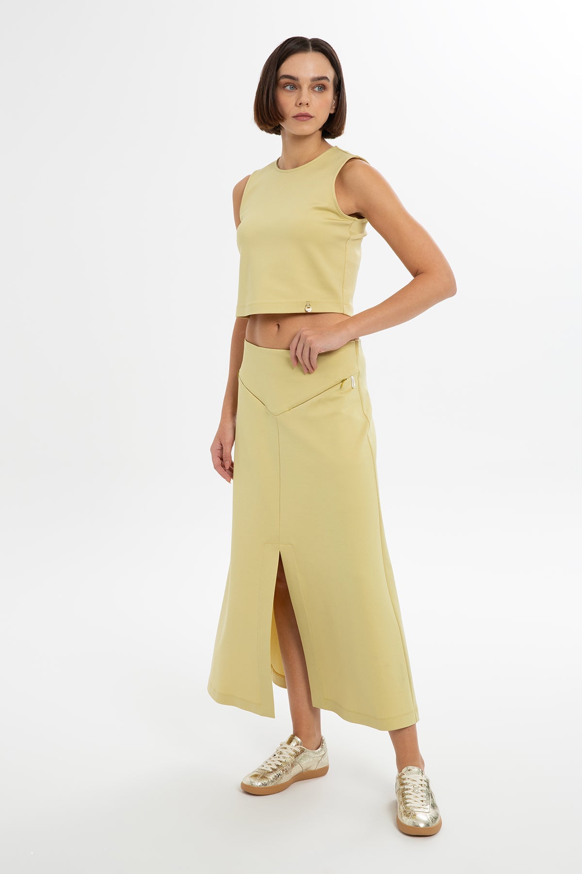 Yellow Slit-Detail Midi Skirt