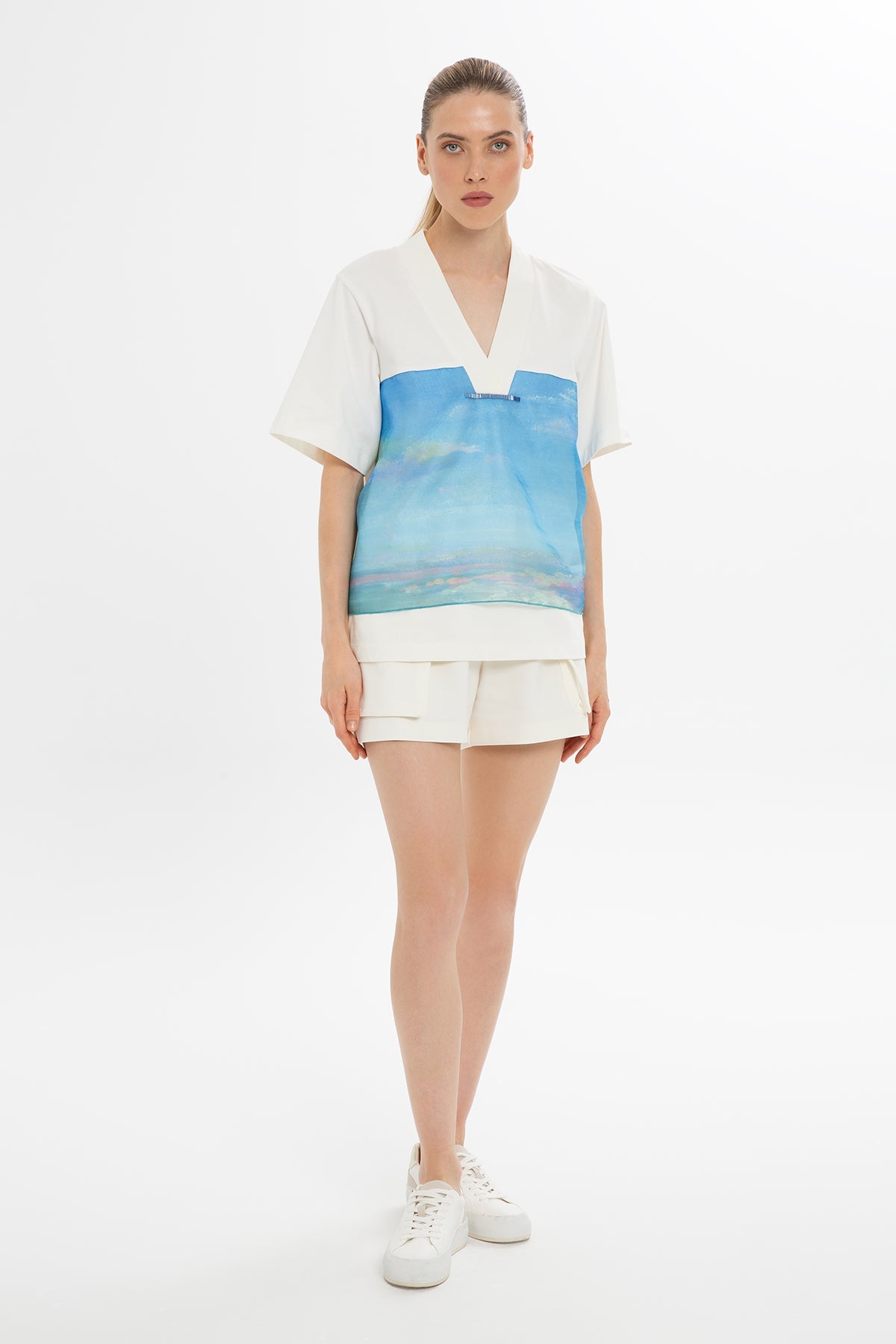 Ecru Stone-Embellished Printed T-Shirt