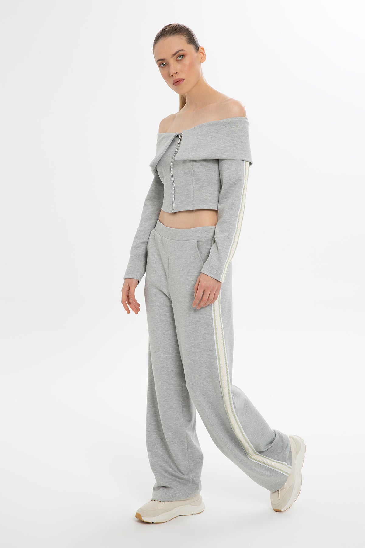 Grey Boat Neck Striped Sleeve Blouse