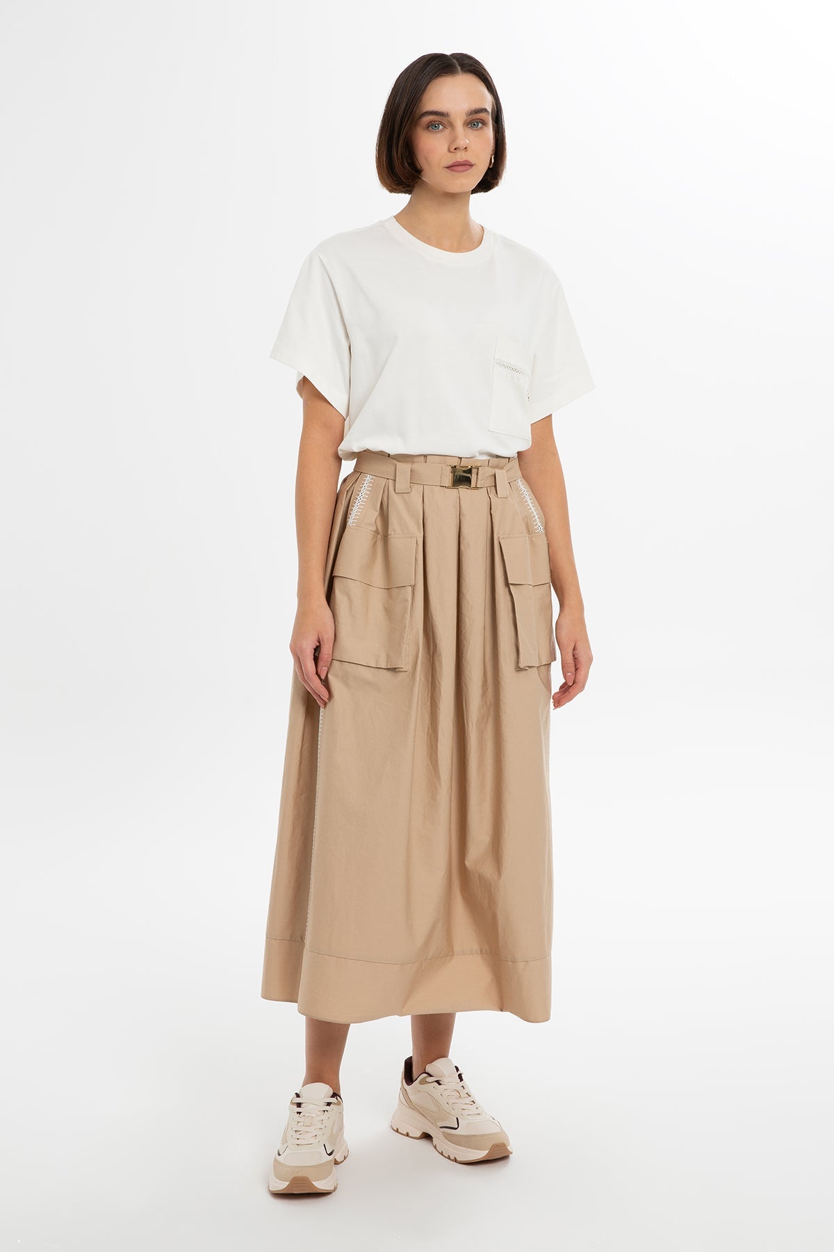 Beige Belted Cotton Midi Skirt
