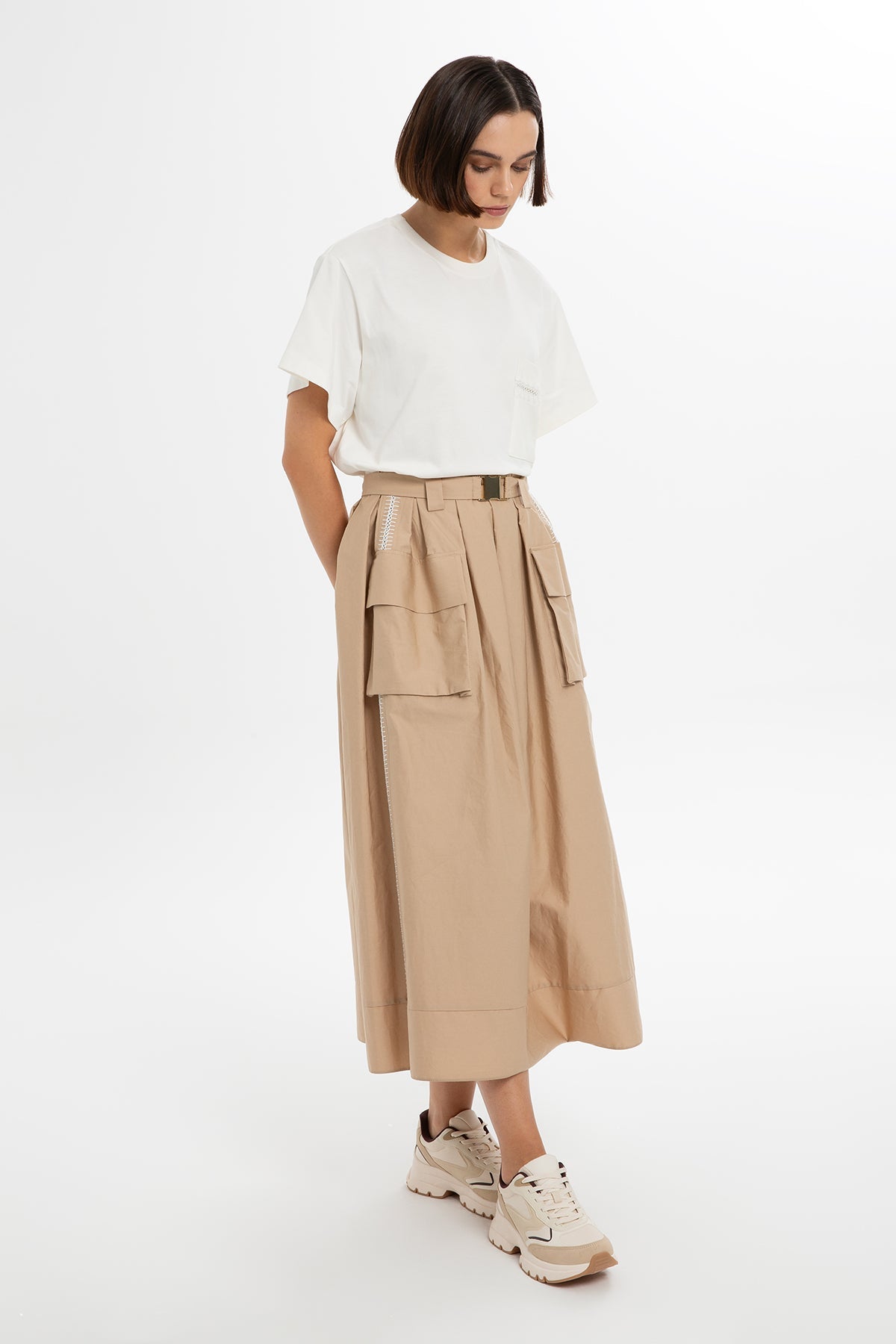 Beige Belted Cotton Midi Skirt