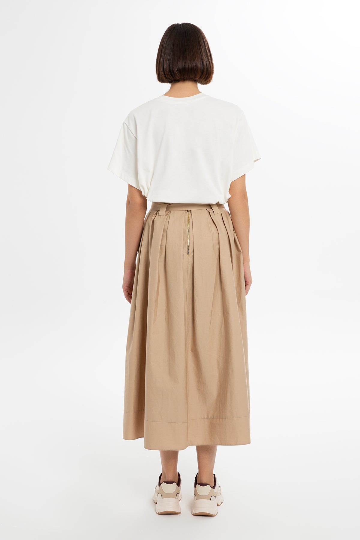 Beige Belted Cotton Midi Skirt