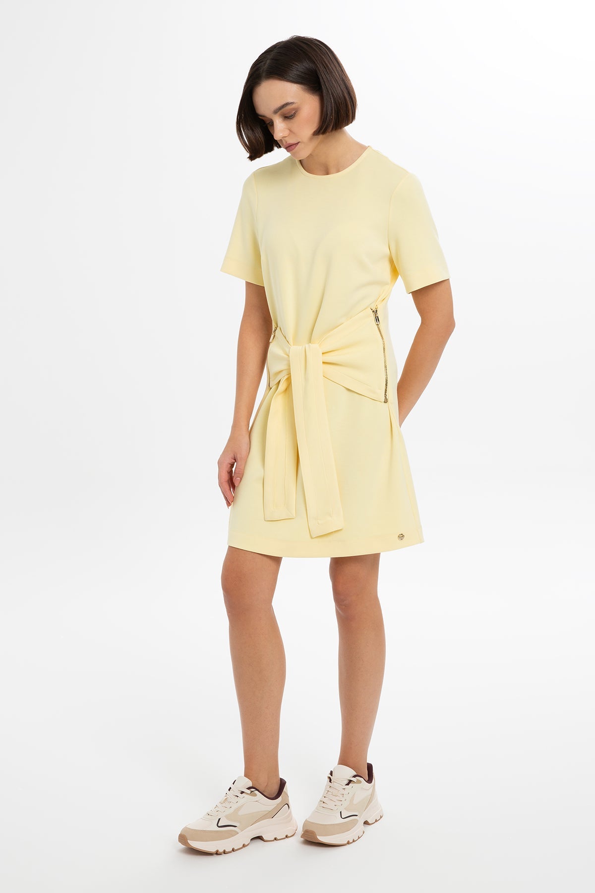 Yellow Short Dress with Belt Detail