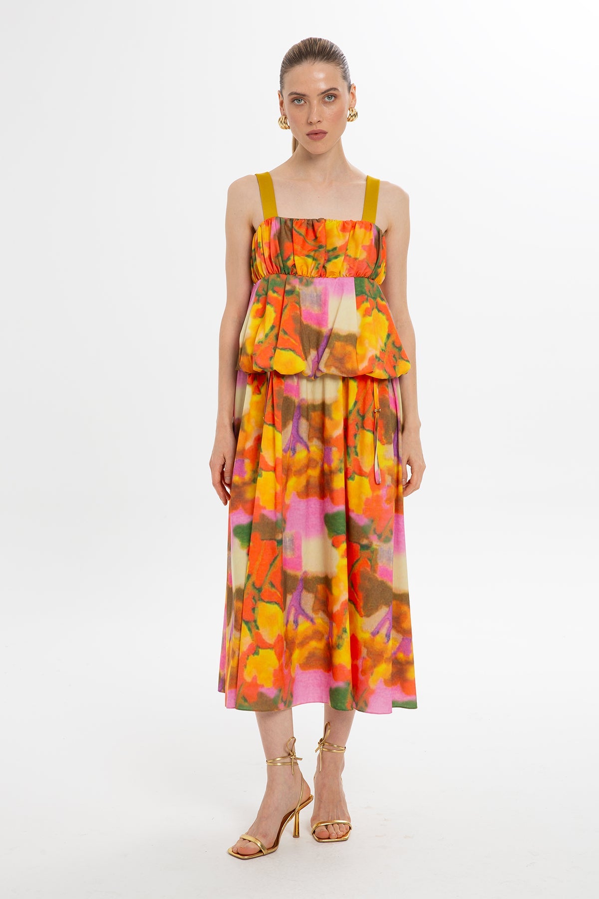 Printed Strappy Balloon Midi Dress