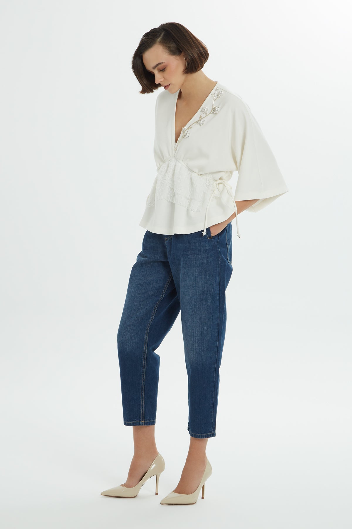 Ecru Beaded V-Neck Blouse