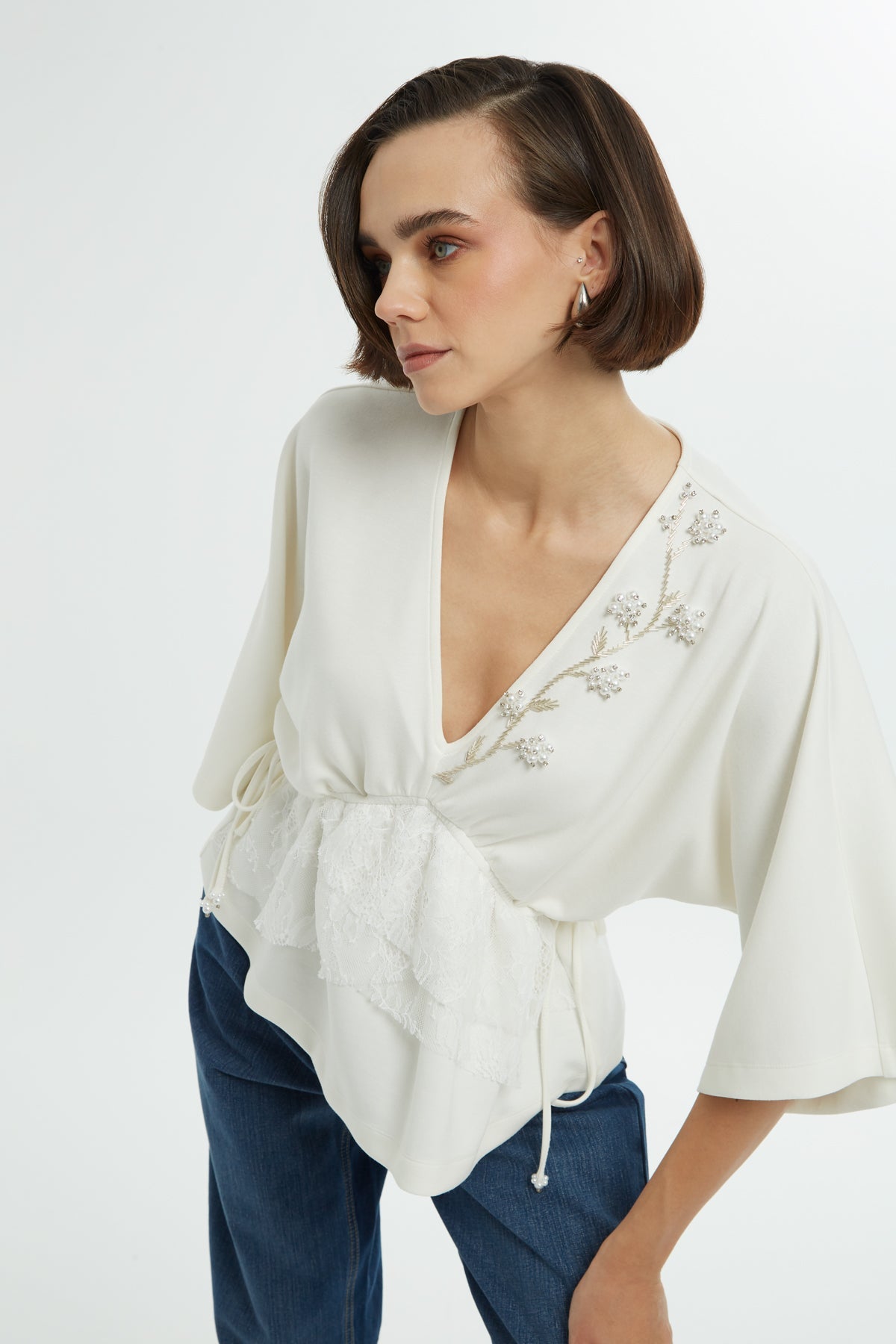 Ecru Beaded V-Neck Blouse