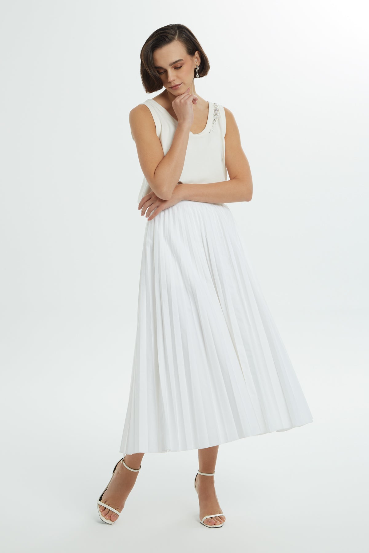 White Pleated Cotton Midi Skirt