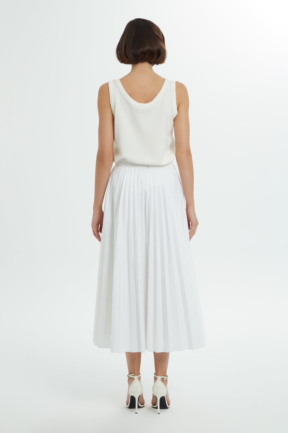White Pleated Cotton Midi Skirt