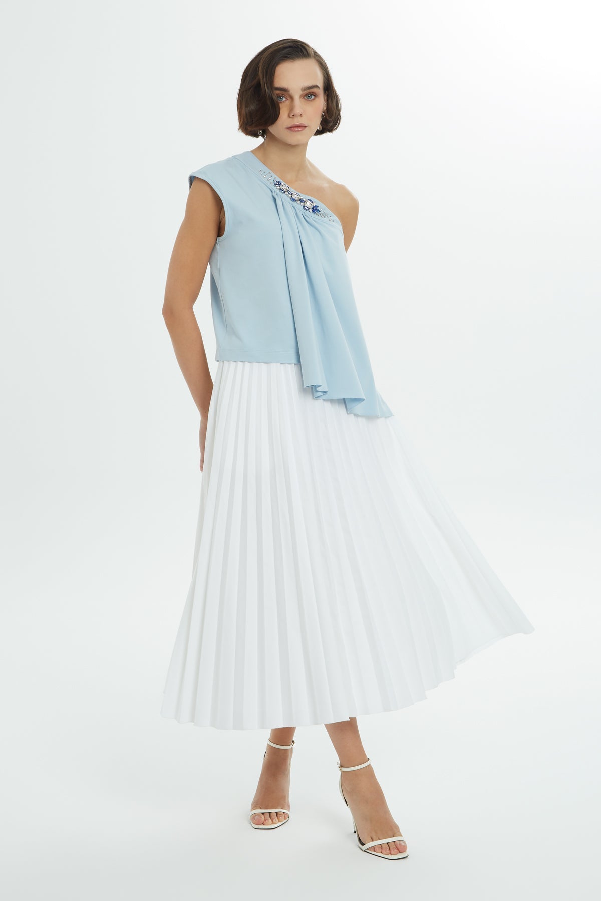 Blue Stone Accent One-Shoulder Blouse