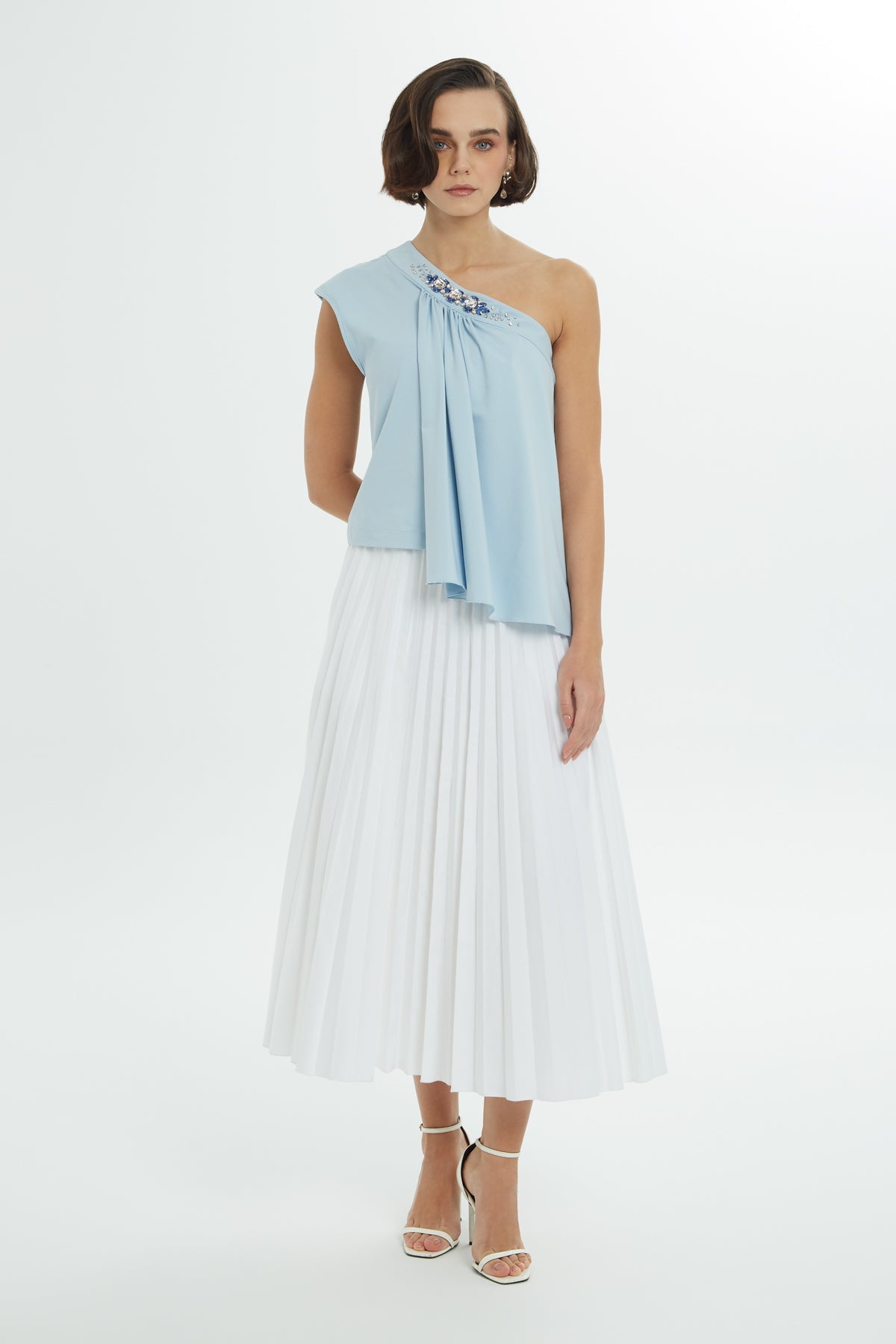 Blue Stone Accent One-Shoulder Blouse