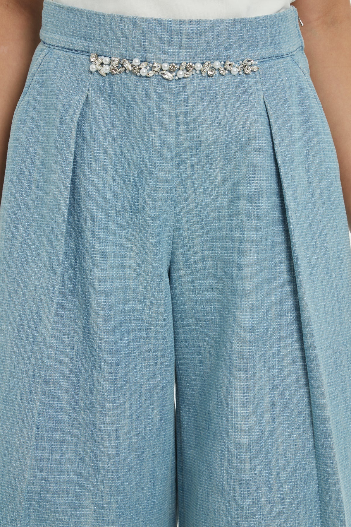 Blue Pleated Wide-Leg Woven Pants