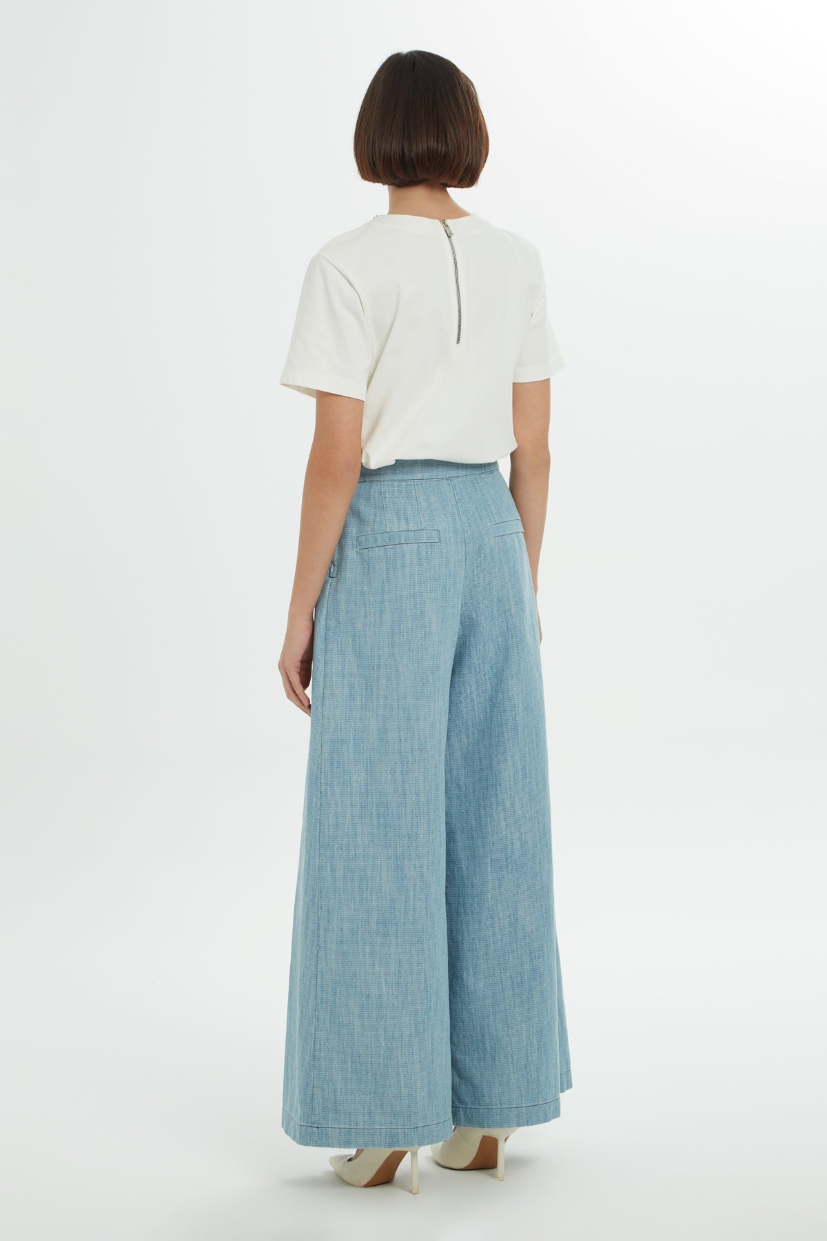 Blue Pleated Wide-Leg Woven Pants