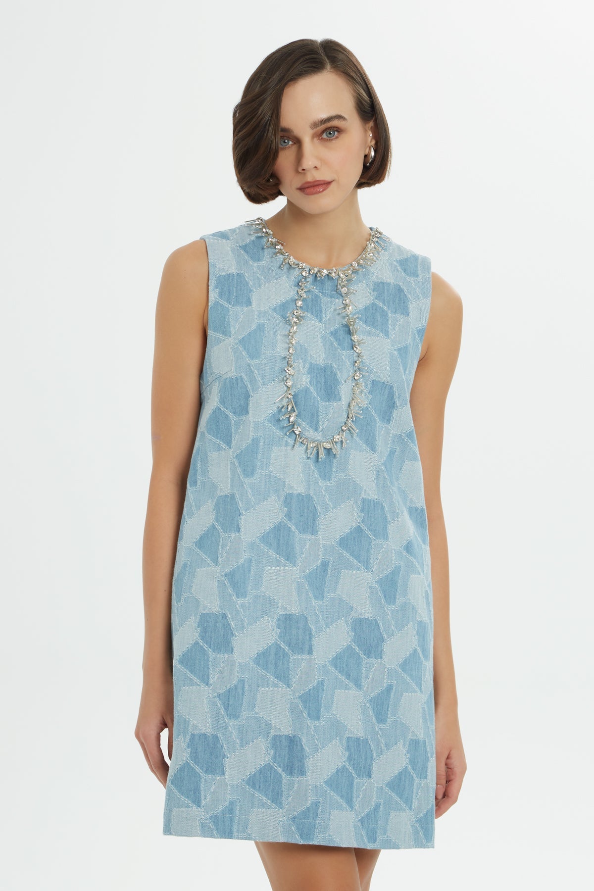 Printed Stone-Embellished Short Dress