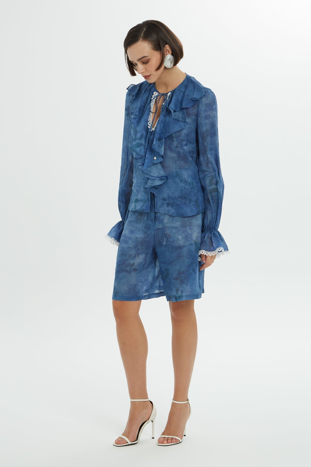 Blue Ruffle Collar Detail Blouse