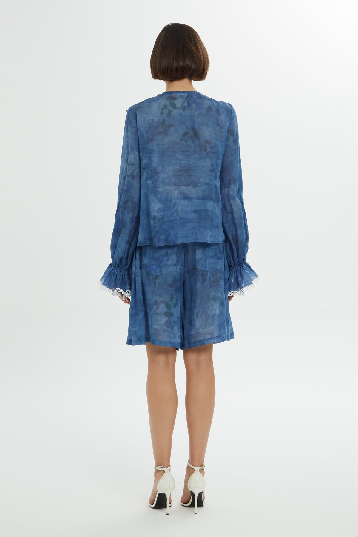 Blue Ruffle Collar Detail Blouse