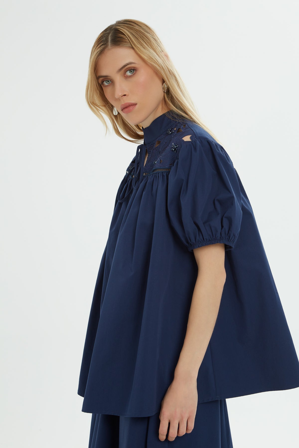 Navy Stand-Collar Cotton Shirt